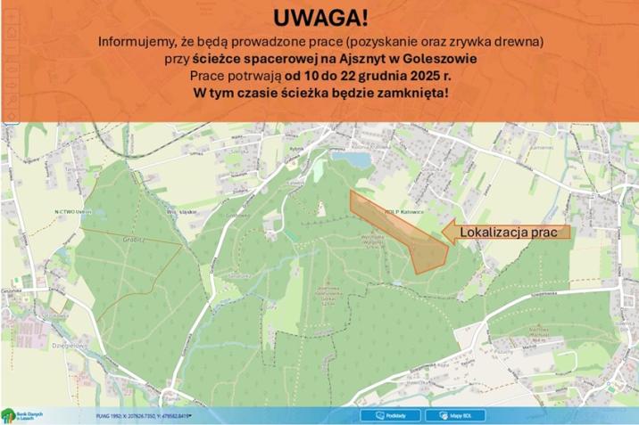 Uwaga na prace leśne w okolicach ścieżki spacerowej na Ajsznyt w Goleszowie